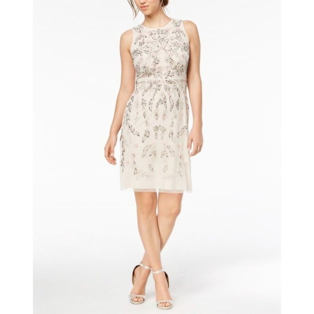 Adrianna Papell Beaded Blush Nude Sleeveless Size 4 S Dress Mesh Wedding 6653